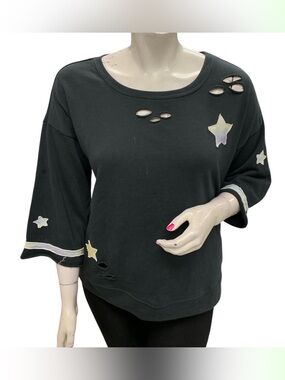 Cato Black Scoop Neck Star Appliqué Distressed Sweatshirt Size L